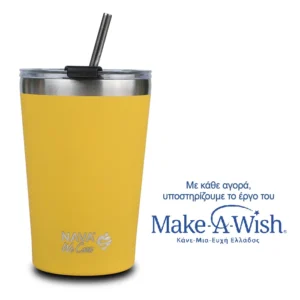Stainless steel insulated travel mug with straw "We Care", yellow 450ml